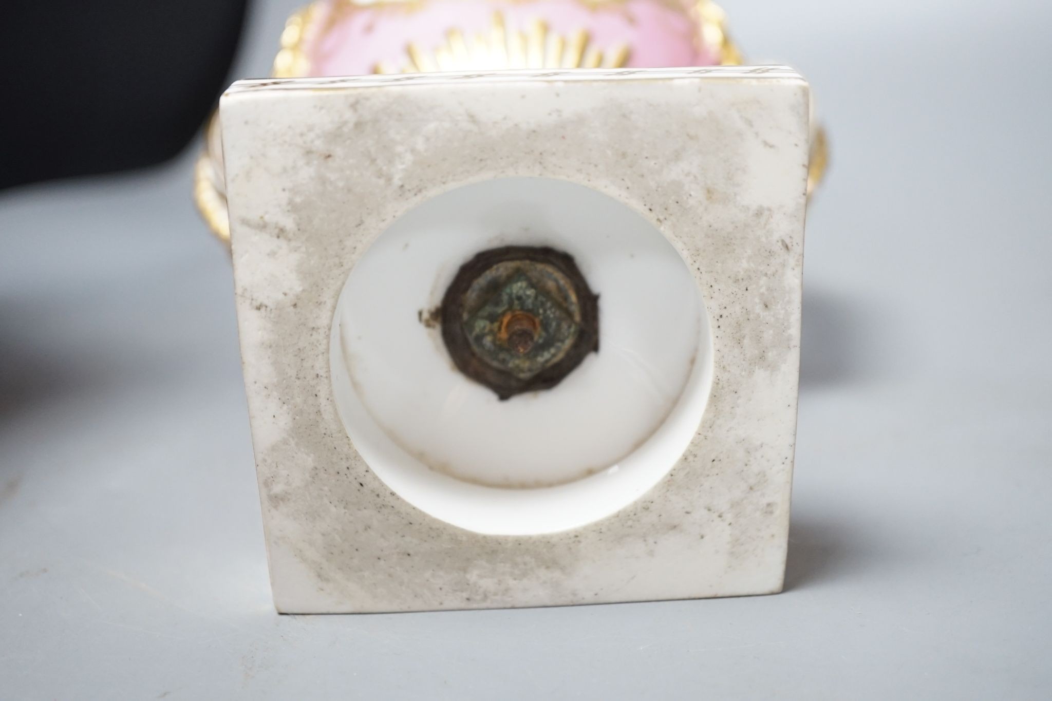 A Coalport two handled vase and cover painted with a Watteauesque scene to one side and a panel of fruit and flowers by William Cook 31cm
